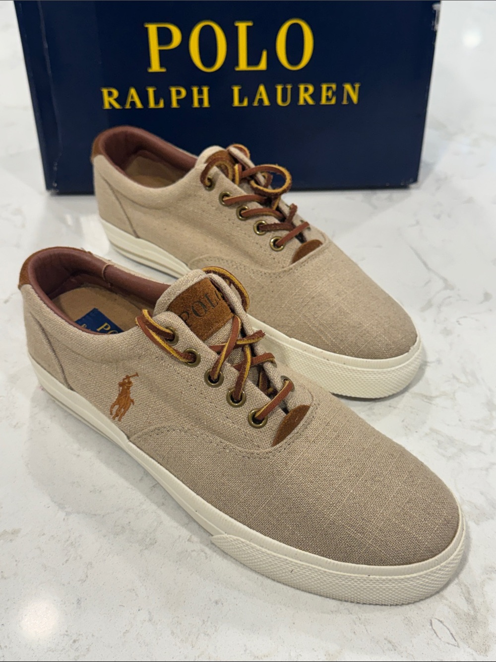 Polo - Ralph Lauren Men's Vaughn Linen Suede Tan Low-Top Sneakers NWT - Size 8.5